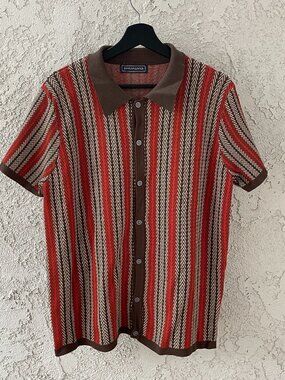Retro 70s Knit Shirt Men XL Striped Viscose Mod Eclectic Grandpa Boho Hippie